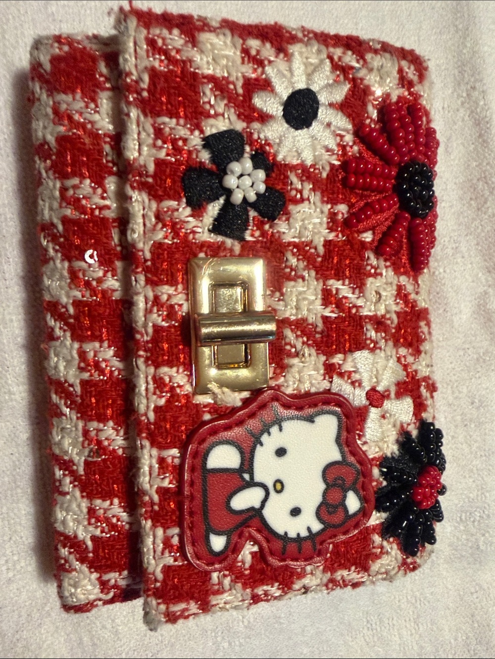 Hello Kitty Red & White Tweed Wallet with Beaded Floral Accents